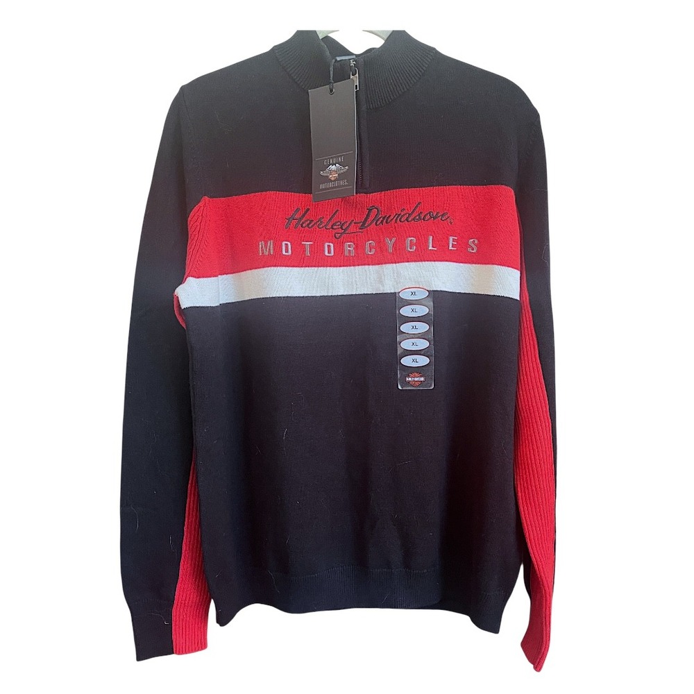 NWT Harley Davidson Motorcycle Black Red Long Sleeve Colorblock‎ 1/4 Zip Sweater